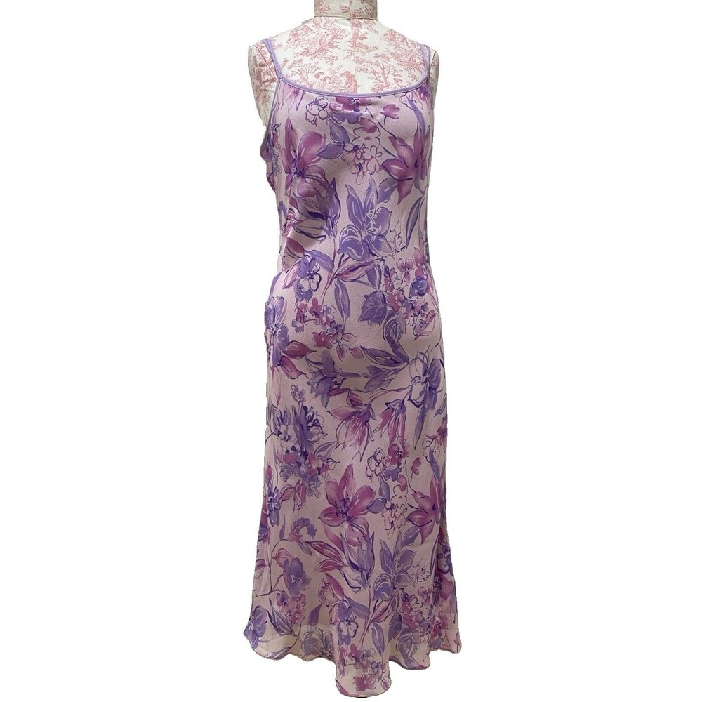 VTG Bob Mackie Silk Floral Midi Dress Sz 12 Purple Y2K Ruffle Fairy Prom Slip